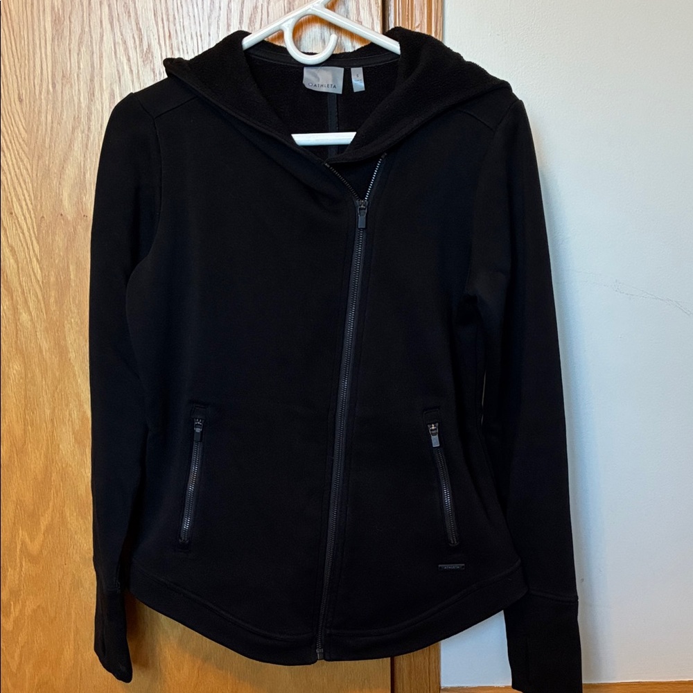 Women’s black hooded, zip up Athleta jacket/heavy sweatshirt